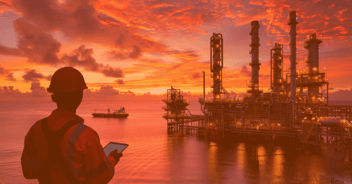 Un trabajador de la industria energética, vestido con un casco y un traje de seguridad, observa un complejo industrial en una plataforma de petróleo al atardecer. El cielo está iluminado por intensos tonos anaranjados y morados, reflejándose sobre el agua.