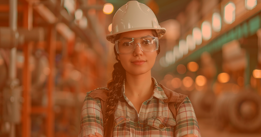 Una mujer con casco blanco y gafas de seguridad, vestida con una camisa de cuadros, posa frente a un entorno industrial. El fondo muestra maquinaria y luces desenfocadas, sugiriendo un ambiente de trabajo